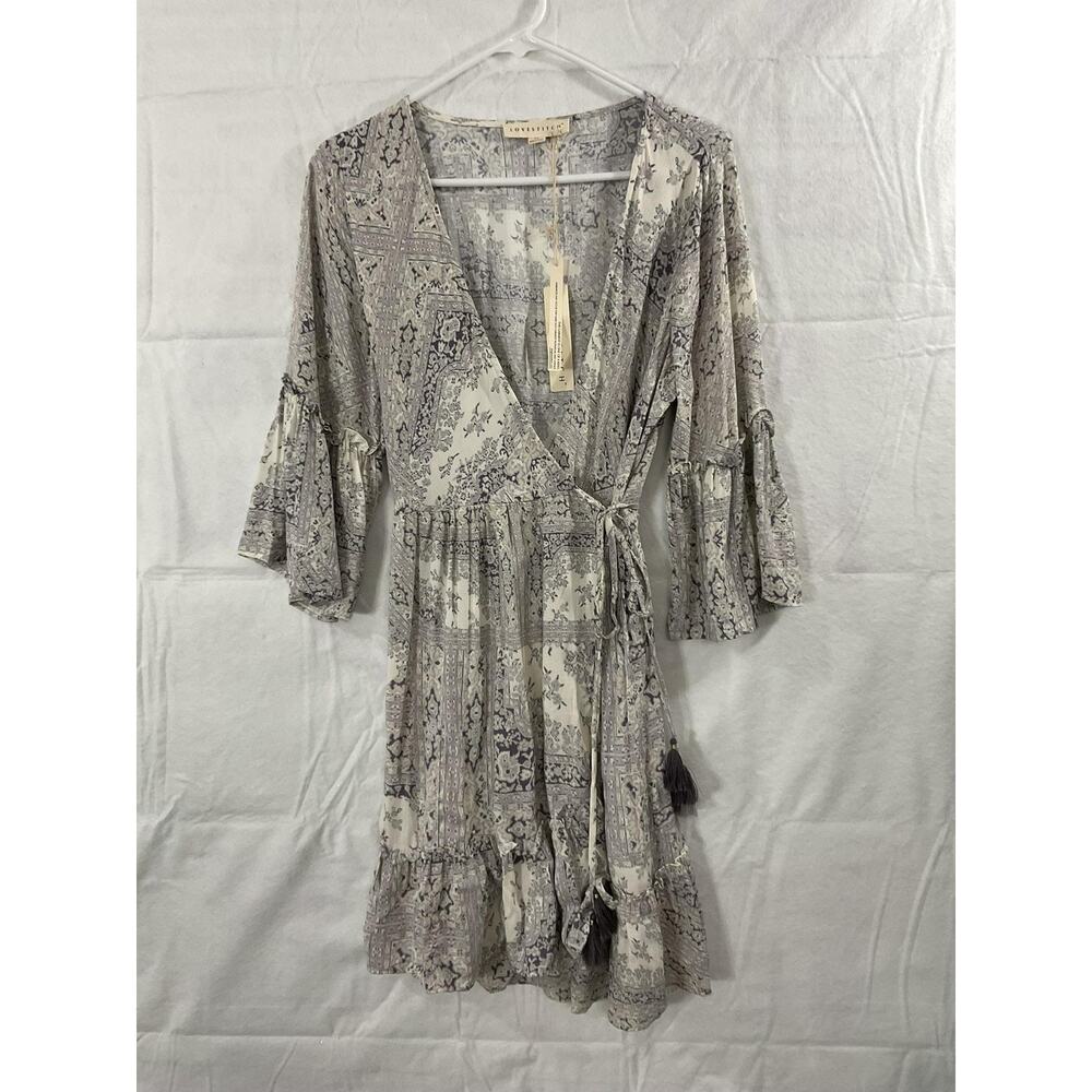 Lovestitch Dress Womens Medium Gray Paisley‎ Wrap Ruffle Hem 3/4 Bell Sleeve New
